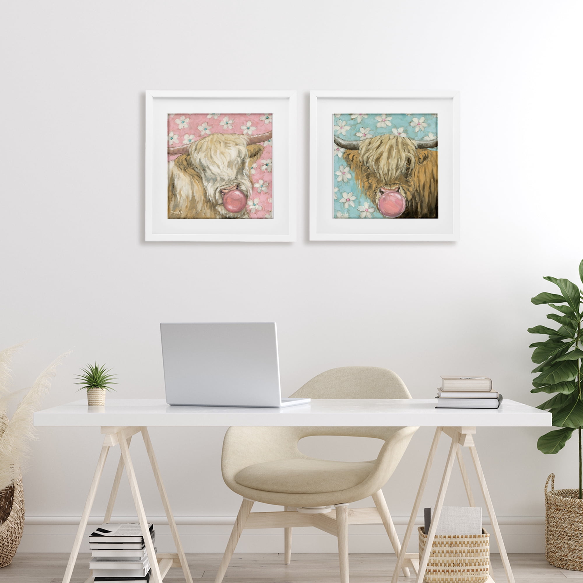Stupell Industries Cute Bubblegum Highland Cattles 2 Piece White Framed Print Under Glass Set, design by Sara G. Designs