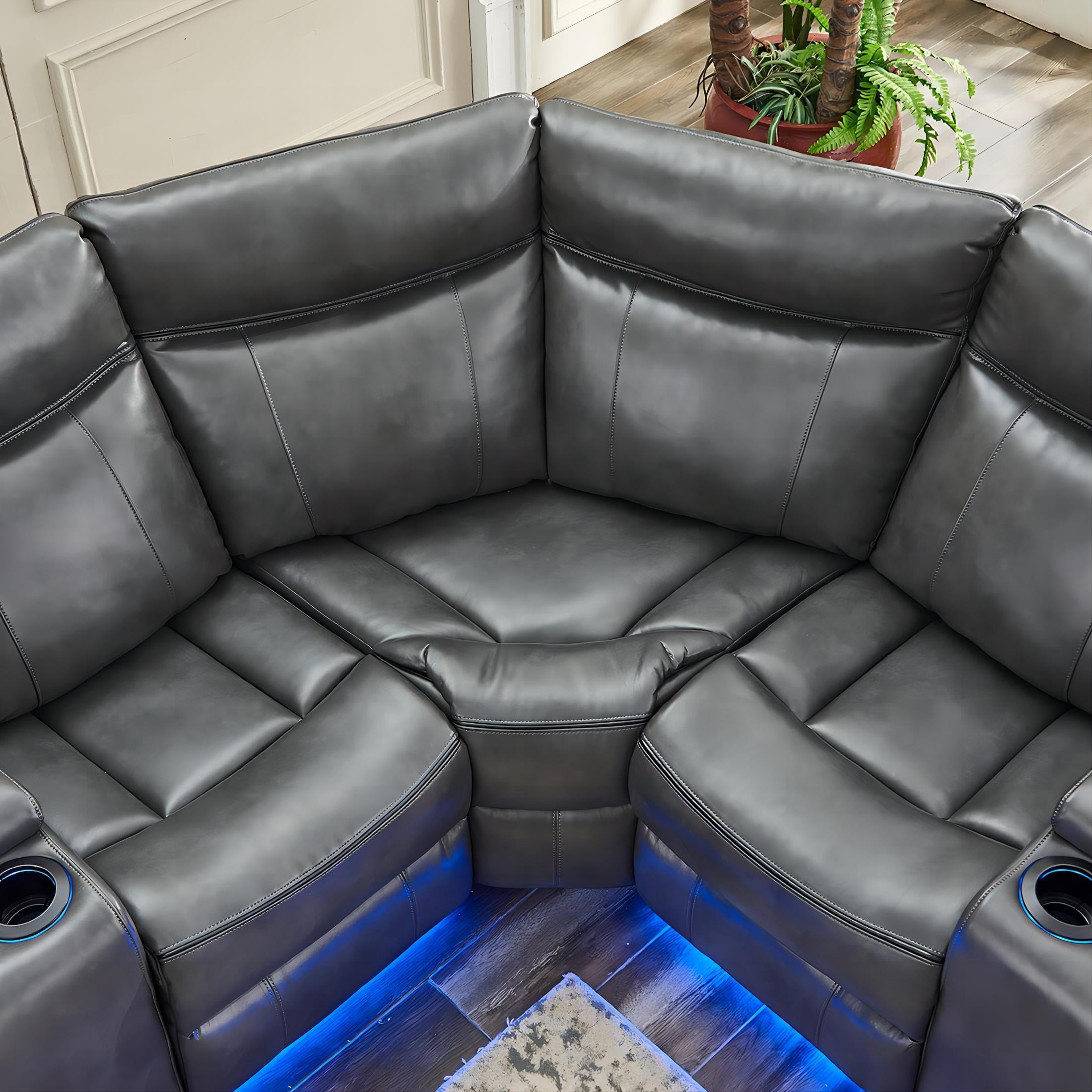 Recliner Sofa Sets with LED Lights,Faux Leather Reclining Sectional Couch for Living Room Furniture Sets with USB Port,Storage Console,Cup Holders Gray
