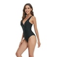 thumbnail image 4 of SAYOO Women Bikini Romper, Sleeveless Deep Neck Solid Color / Flower Swimming Bodysuit Swimwear, 4 of 7