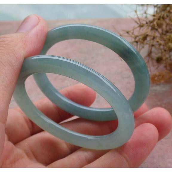 2 Pcs Certified Icy Green Burma 100% Natural A JADE Jadeite Baby Circle Bangle Bracelet 43 & 42 mm 664086 TN
