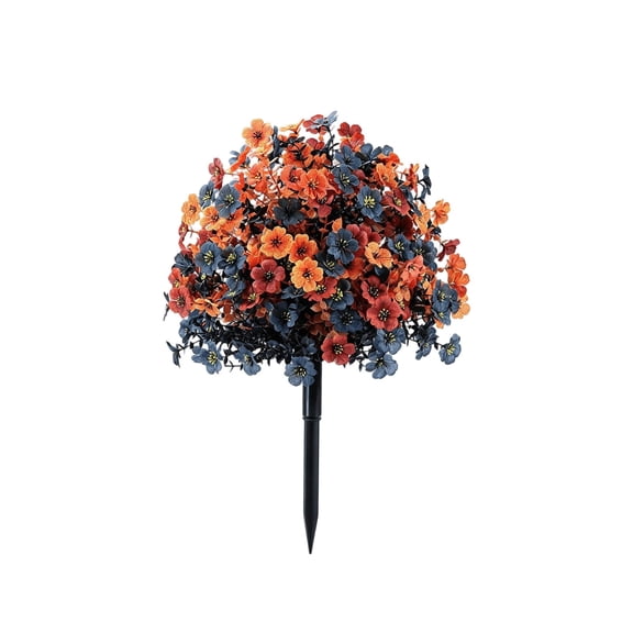 1Pc 24" Artificial Fall Violets Flower Stake, Orange & Black Weatherproof Fake Outdoor Flowers for Halloween Cemetery Grave Decor Yard Porch