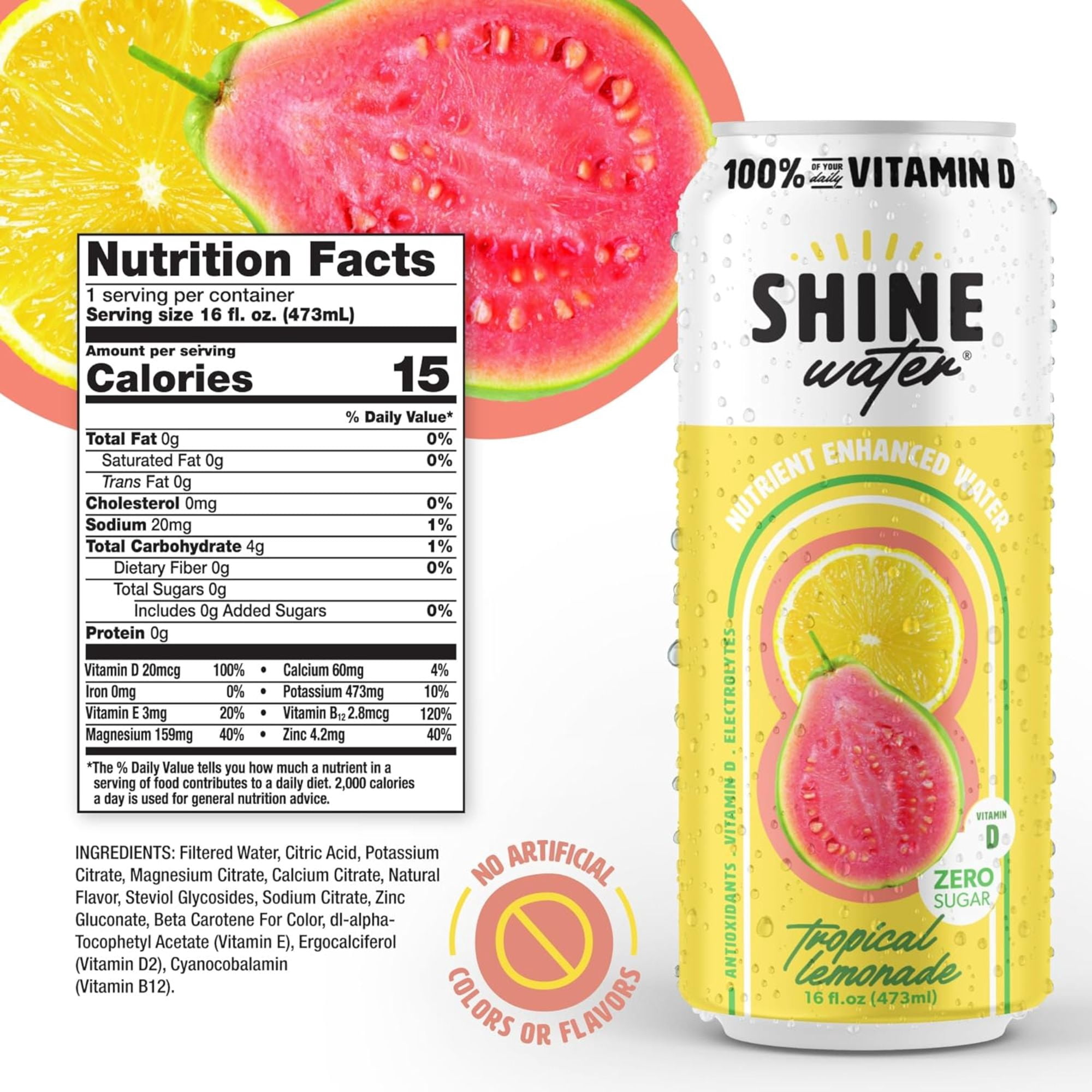 Shine Water Tropical Lemonade Vitamin D Electrolyte Drinks 12-Pack, Sugar Free Flavored Water with Magnesium, Zinc & Antioxidants, Low Calorie Hydration