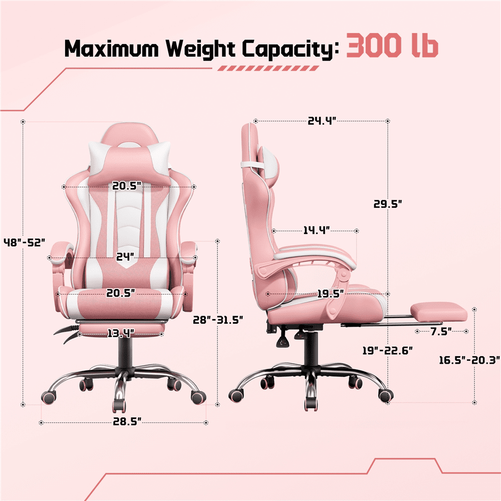 Alden Design Ergonomic High Back Gaming Chair with Massage Lumbar Pillow, Pink/White