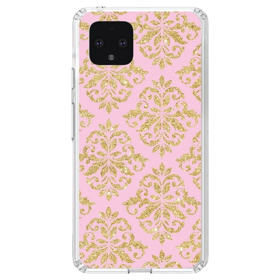 DistinctInk Clear Shockproof Hybrid Case for Google Pixel 4 (5.7" Screen) - TPU Bumper, Acrylic Back, Tempered Glass Screen Protector - Pink & Gold Print - Damask Pattern