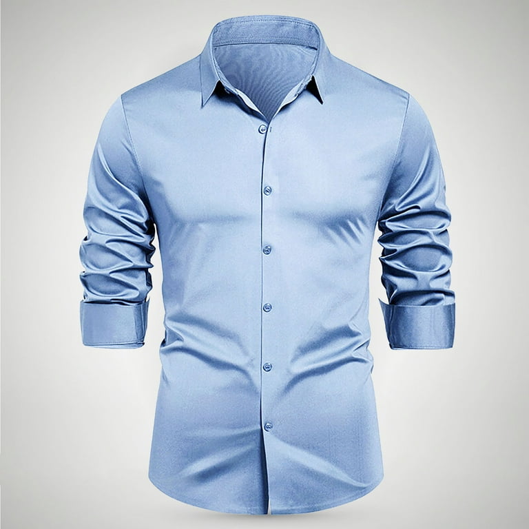 USNSM Men's Long Sleeve Button Up Shirts Solid Color Slim Fit Wrinkle Free Dress  Shirts Casual Business Formal Dress Shirt Blue M