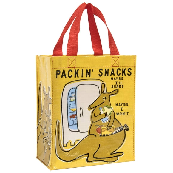 Blue Q Handy Tote, Packin' Snacks, reusable lunch sack or gift bag, made from 95% recycled material, easy to wipe clean, 10"h x 8.5"w x 4.5"d