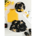thumbnail image 5 of Aojekbee Toddler Girl Summer Outfit Solid Color Ribbed Knit Sleeveless Tank Tops Layered Ruffles Skirts Bucket Hat 3Pcs Clothes Set, 5 of 10