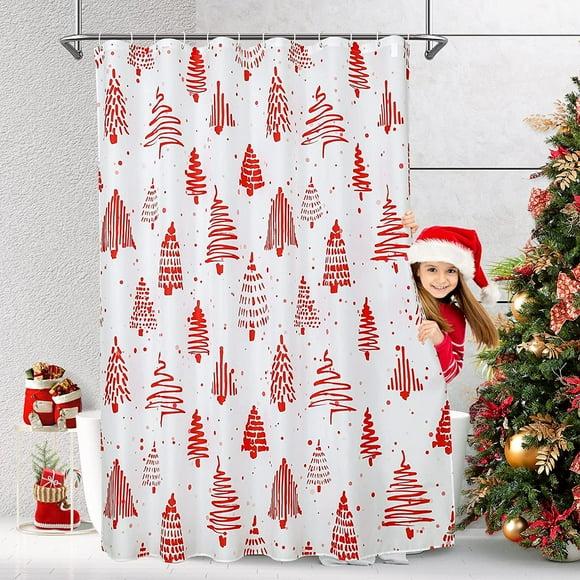 Jinsinto Christmas Shower Curtain Set, Christmas Tree Shower Curtains, Red and White Christmas Pine Standard Shower Curtains, Bathroom Decor, Minimalist Winter Fabric Shower Curtains, 7