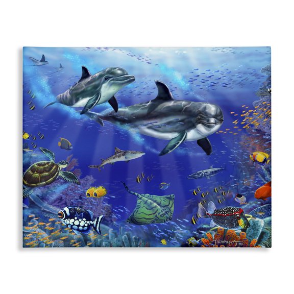 Stupell Industries Coastal Underwater Sea Life Scene Dolphins Canvas Art, 30 x 24, by Interlitho