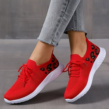 

2024 Women s Casual Sneakers Flying Woven Leopard Pattern Breathable Lace-up Running Shoes Women s Footwear-红色||41码