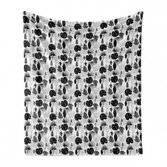Black and White Soft Flannel Fleece Throw Blanket, Tropical Leaf Silhouettes Palm Tree Monstera and Fern Plant Foliage, Cozy Plush for Indoor and Outdoor Use, 50" x 60", Black and White, by Ambesonne