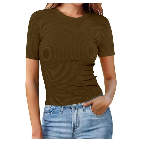 Women's T-Shirts | Short Sleeve Crewneck Top - Casual Slim Fit Ribbed Knit Basic Tee for Everyday Wear