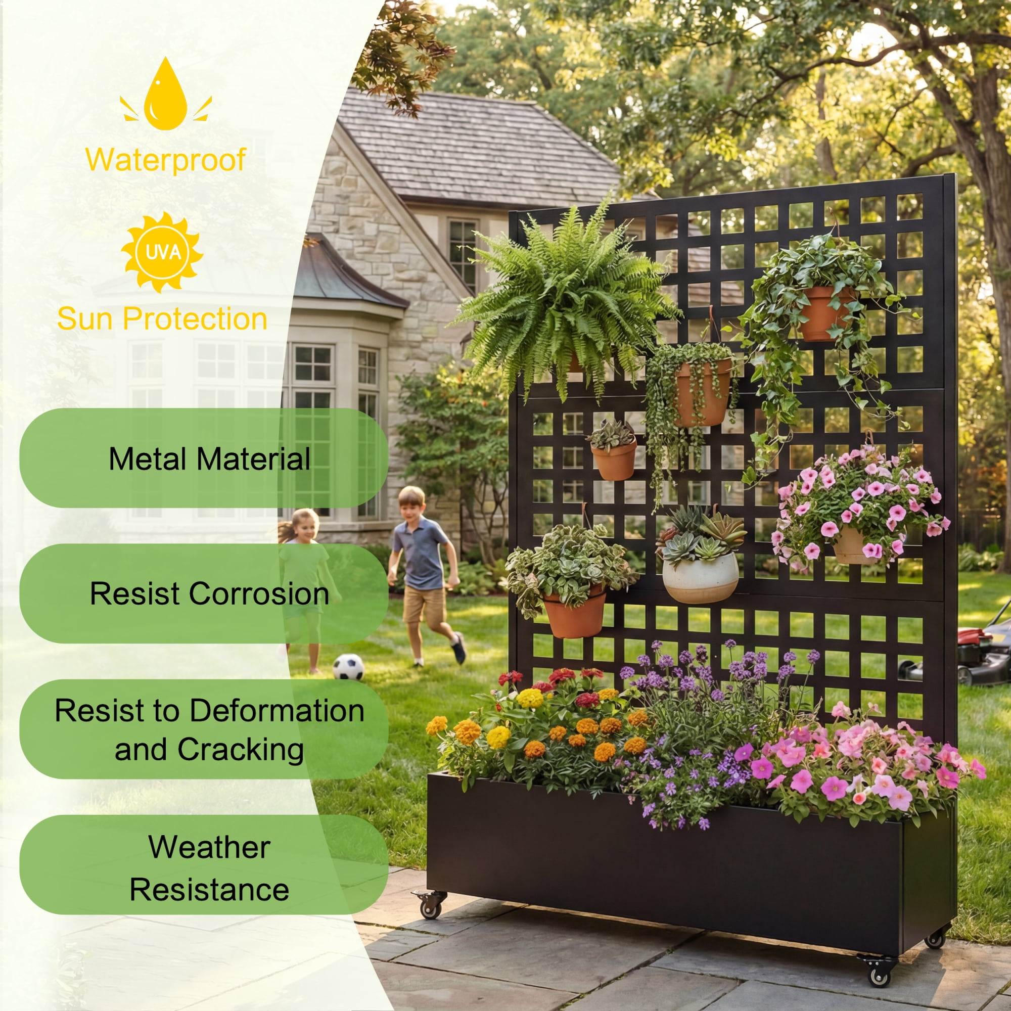 Jopath Metal Raised Garden Bed with Wheels and Trellis,Features Privacy Screen and Drainage Holes Planter Box for Climbing Plants, Vegetables and Vines 73"x47"x16" (Black 5)