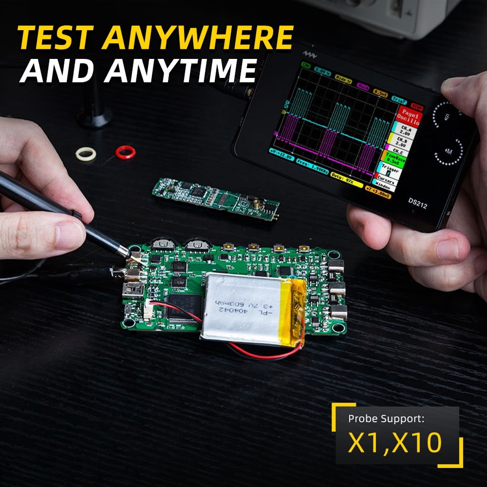 Pocket Oscilloscope DS212, Portable Oscilloscope Mini Size Handheld, Built-in Rechargeable Battery, 2 Channels, 1Mhz Bandwidth, Entry Level Oscilloscope for Beginner