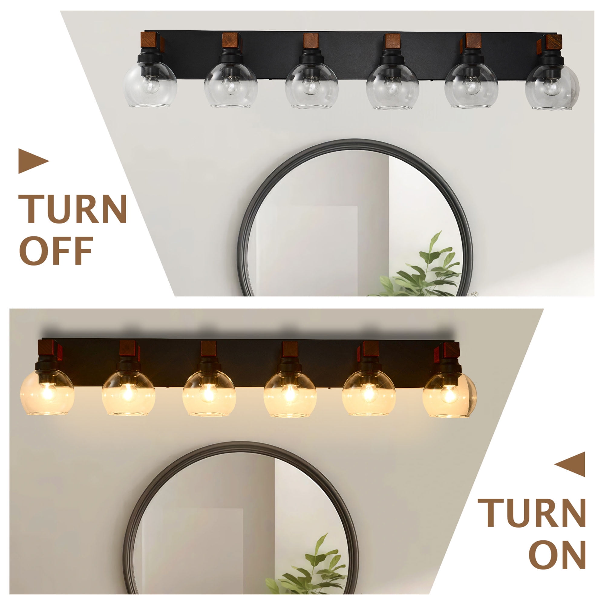 6 Light Bathroom Vanity Light Fixture,Black and Gold Bathroom Finish Over Mirror,Farmhouse Wall Sconces with Clear Glass Shade for Living Room Bedroom