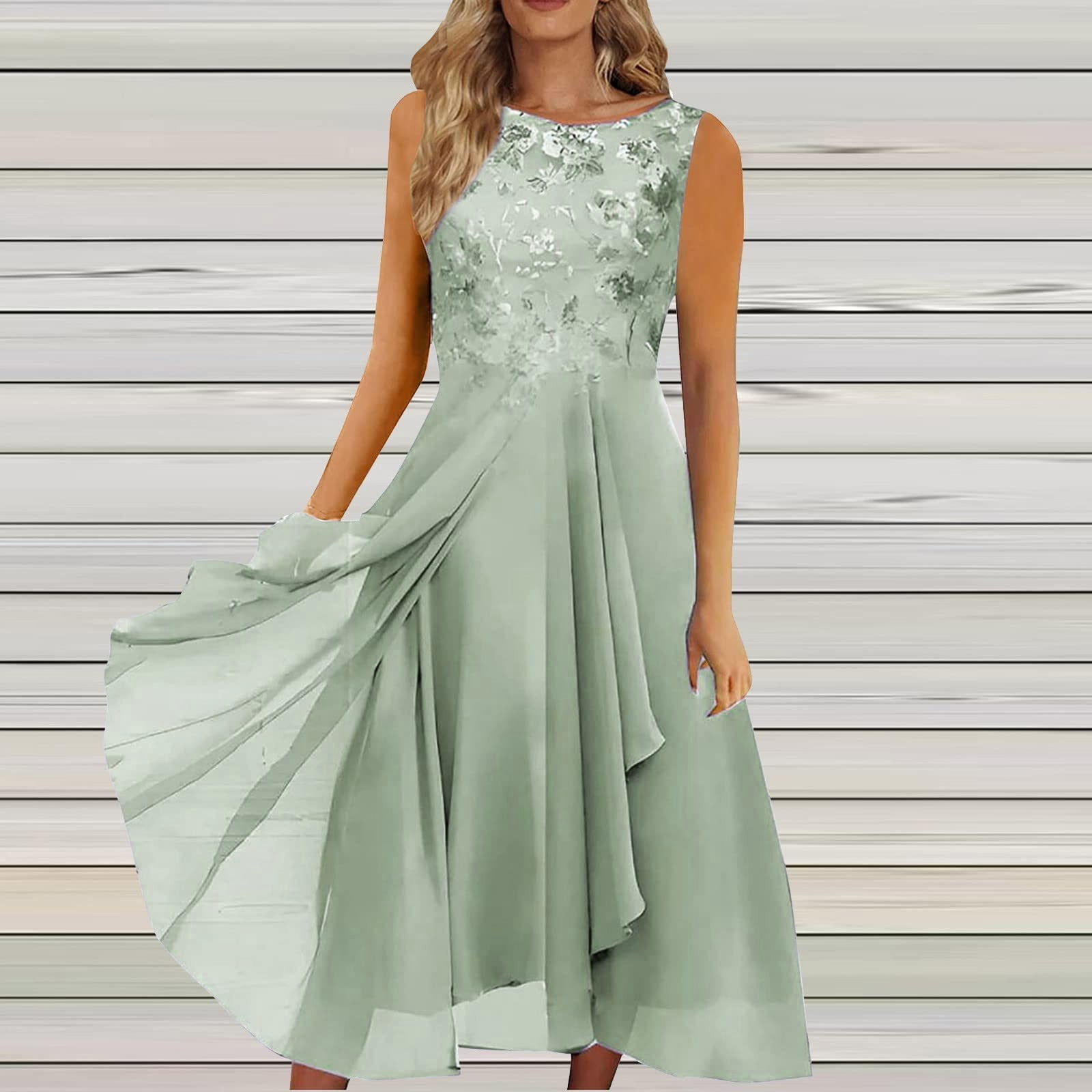 XIAOCHA Womens Lace Dress Flared Chiffon Sleeveless Round Neck Evening Gown Flowy Elegant Party Dresses