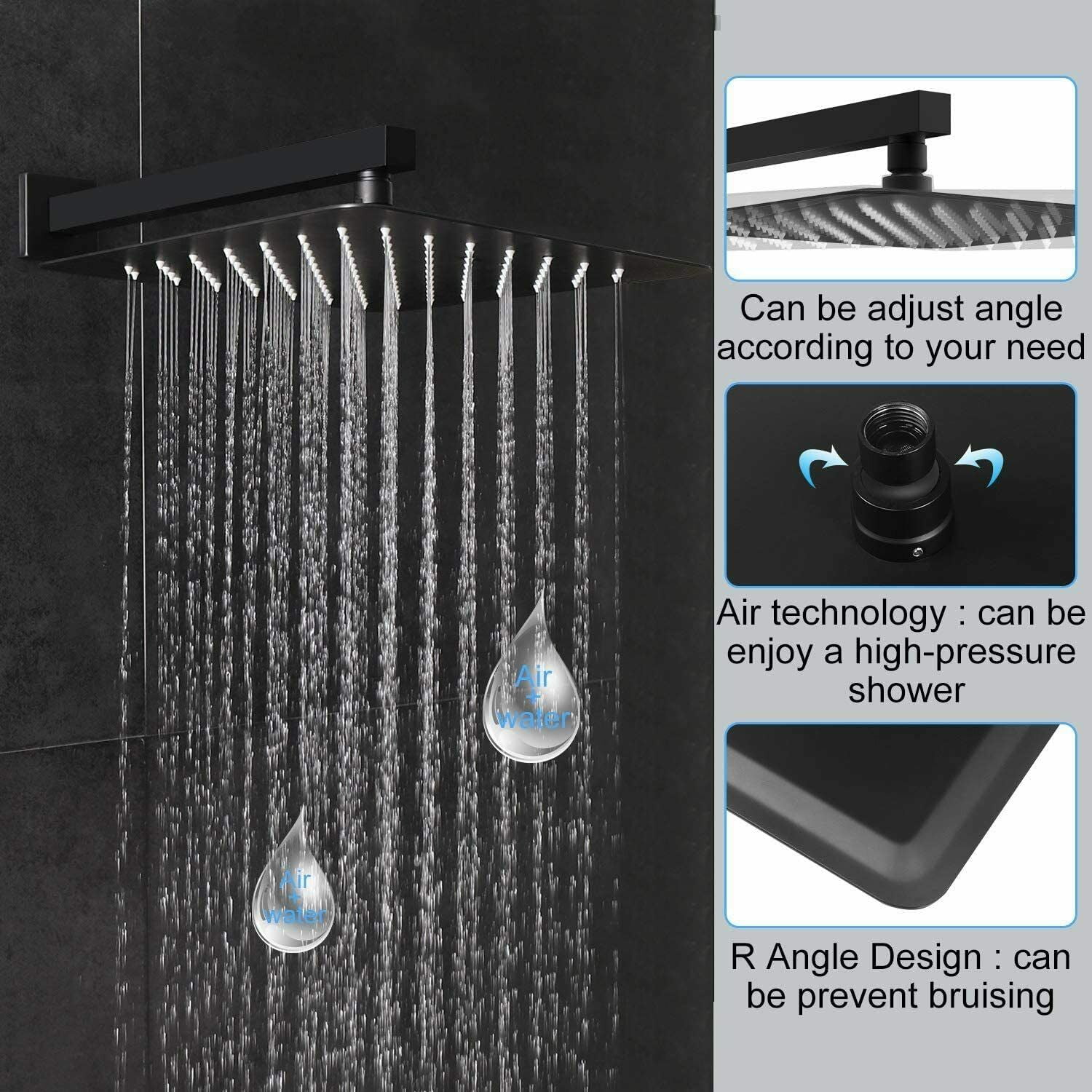 Black Rainfall 12" Shower Head Faucet Set Shower System Tub Spout w/ Mixer Valve