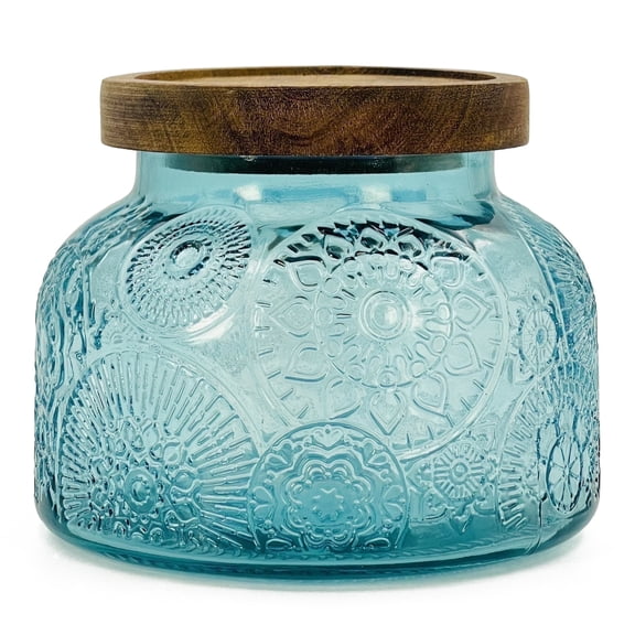 Lingshine 24.5 oz Decorative Glass Jar with Airtight Wooden Lid - Blue Flower, Vintage Kitchen Food Storage Container, Home Decor, Candle Holder, Vase