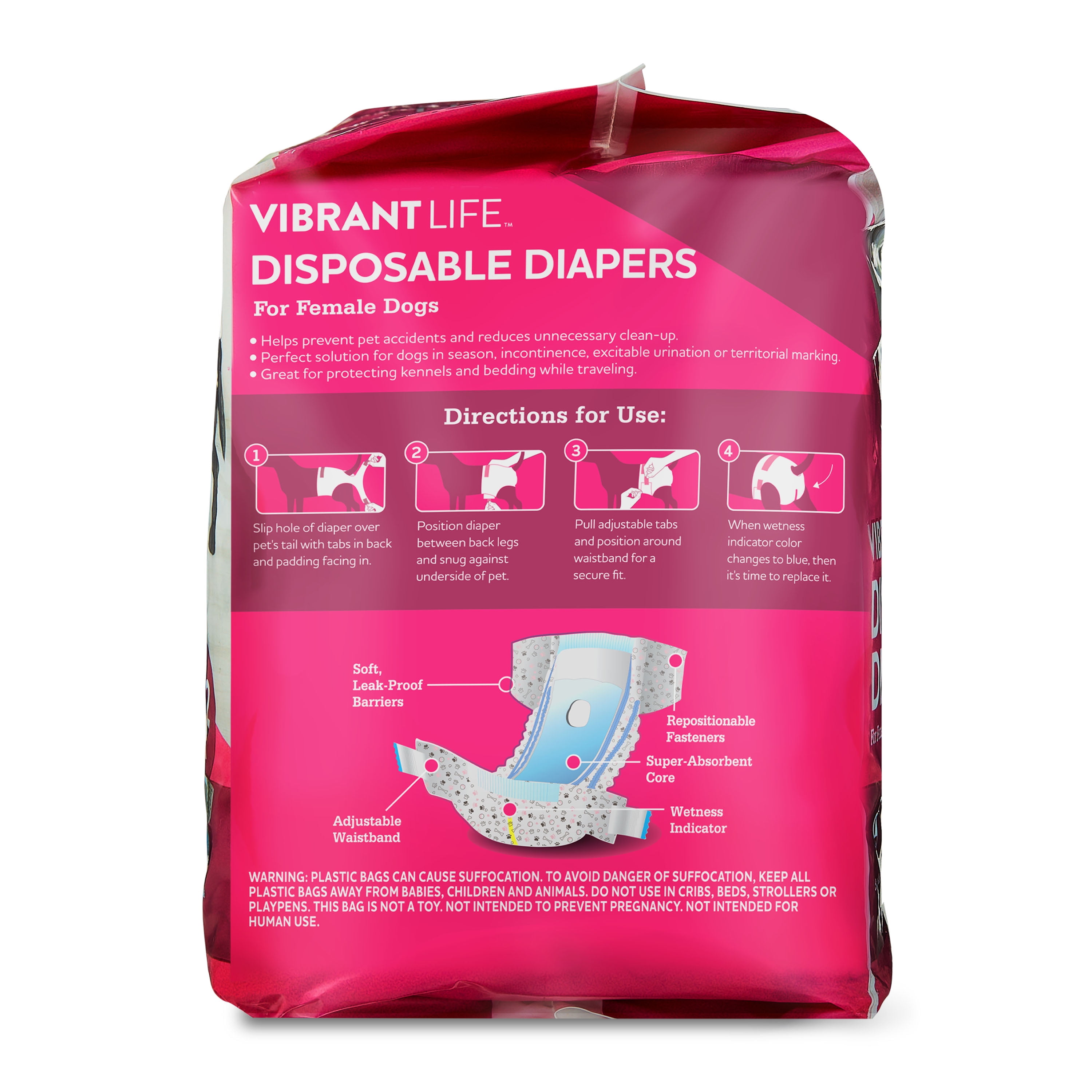 (4 pack) Vibrant Life Disposable Dog Diapers for Female Dogs, L, 12 Count