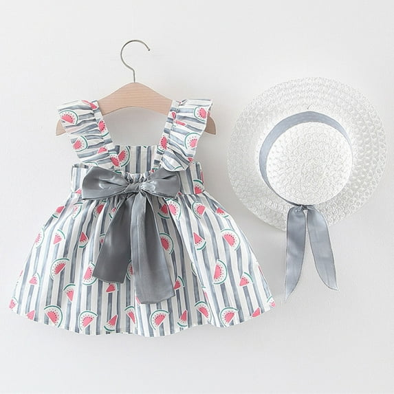 LoyisViDion Baby Girls Dress Clearance Toddler Baby Kids Girls Floral Ruched Bow Watermelon Princess Dress Clothes Hat Gray 2-3 Years