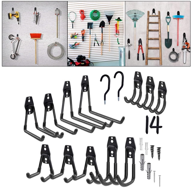 Ganchos de cochera, 14 paquetes de ganchos utilitarios de montaje en pared de material acero ganchos de almacenamiento de cochera doble perchas con Negro BLESIY ganchos de garaje