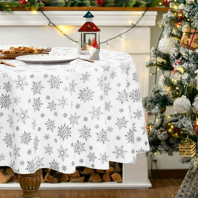 Nappe de Noël Ronde 60 Pouces, Nappe Flocon de Neige Blanche et Argentée Imperméable, Nappe Métallique Lavable de Noël Anti-Taches pour Décorations de Noël