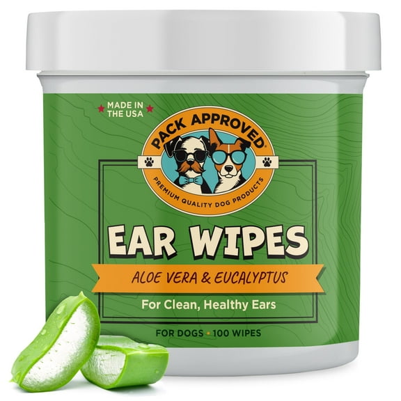 Pack Approved Ear Wipes for Dogs with Aloe Vera & Eucalyptus - Gentle Ear Cleaner for Dogs to Help Remove Wax and Odor - Convenient and Mess-Free Cleaning Pads for Dirty, Itchy Ears - 100 wipes