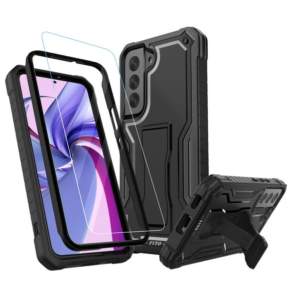 FITO For Samsung Galaxy S22 Case, Phone Case with Screen Protector and Kickstand (Black)