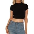 thumbnail image 4 of Women's Patchwork Half Turtleneck Slim Fit Crop Top Tee Shirt, 4 of 5