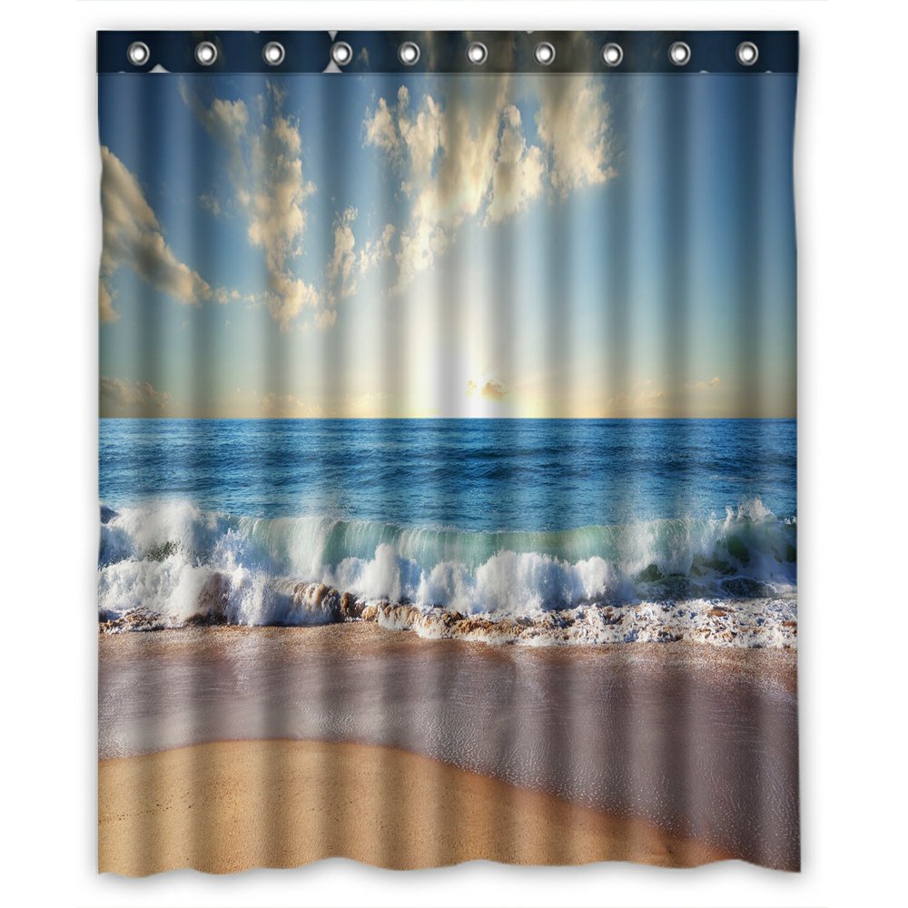 PHFZK Ocean Shower Curtain, Seascape with Sea Waves in Sunset Polyester