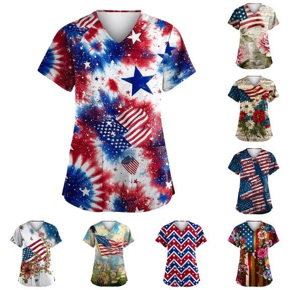Women's Patriotic America Print Scrub Top Stretch V-Neck Nursing Caregiver Top Khaki M