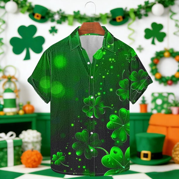 Ceisia Men's St. Patrick's Day Glowing Shamrock Gradient Print Short Sleeve Turndown Collar Stretch Casual Shirt Army Green M Gifts