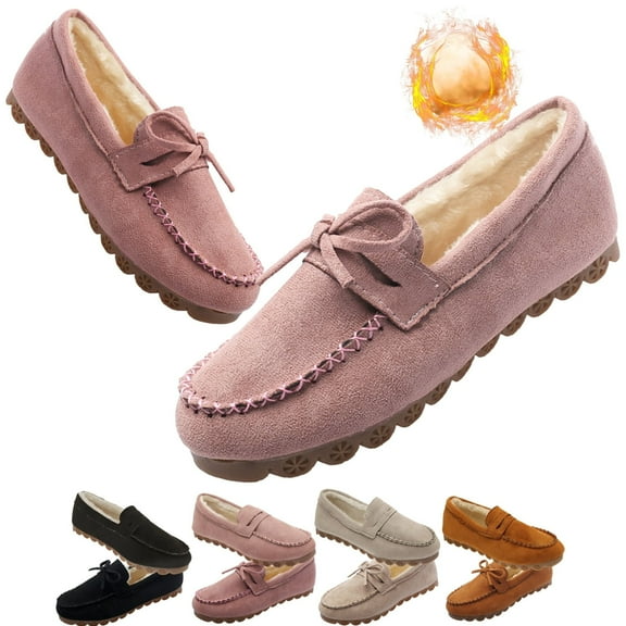 CHICVOMEY Women's Faux Fur Lined Moccasin Slippers - Warm Suede Indoor&Outdoor House Shoes with Non-Slip Sole for Winter Comfort Moccasin Slippers