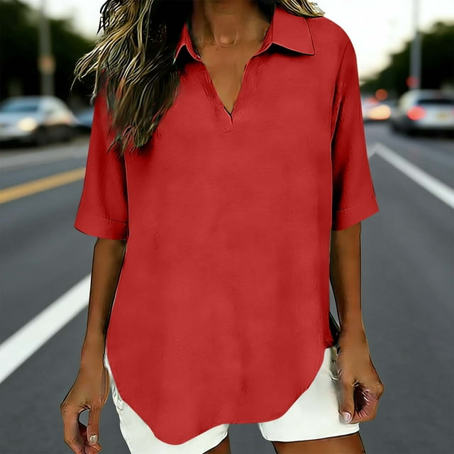 TaTaai Women's Linen Feel Short Sleeve, Textured Top with Collar Design, Wrinkled Blouse for Spring Summer Season Gift