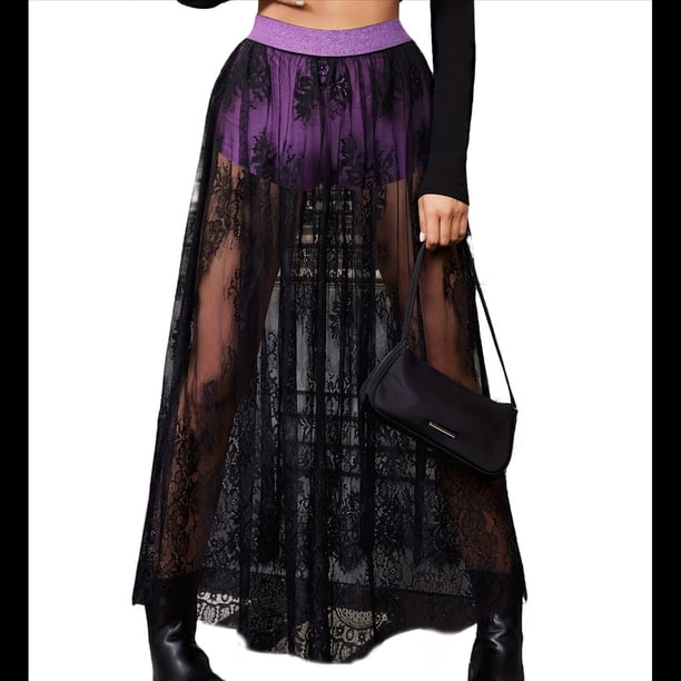 Conjuntos de Fiesta para Mujer, Falda Transparente, Ropa de Club, Falda Larga de con Cintura Alta y Corte A. S