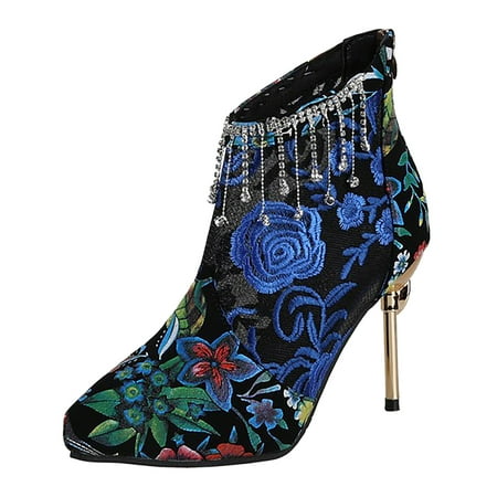 

GWAABD Shoes for Women Sandals Fashion Spring and Summer Women Sandals Super High Heel Mesh Breathable Embroidery Flower Rhinestone Tassel Back Zipper
