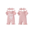 thumbnail image 2 of BemeyourBBs She‘s Here Baby Girls Spring Summer Fall Clothes Newborn Baby Girl Hospital Going Home Outfit Waffled Romper Bow Letter Print Ruffle Short Sleeve One Piece Jumpsuit with Headband, 2 of 9