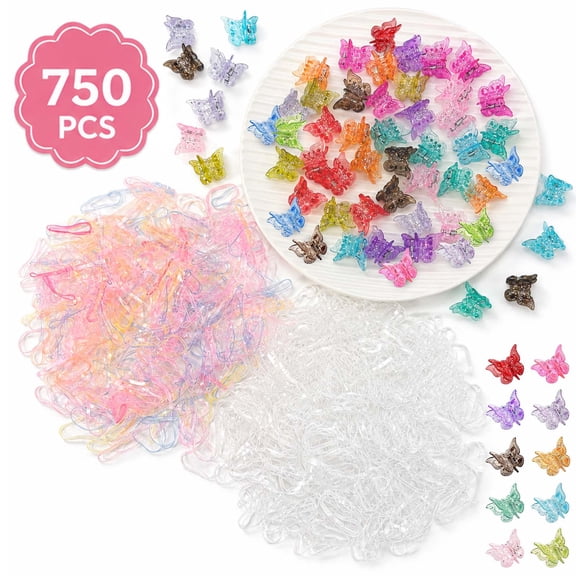 Gocvo 750Pcs Hair Accessories for Girls, Small Butterfly Hair Clips and Clear Hair Elastics, Colorful Girls Accessories Perfect for Various Braided Hairstyles