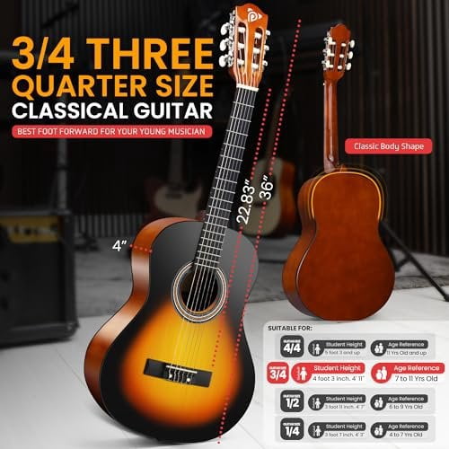 Pyle Beginner Acoustic Guitar Kit, 3/4 Junior Size All Wood Instrument for Kids, Adults, 36" Sunburst Teardrop Matte