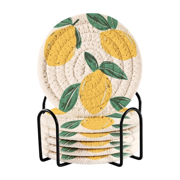 Lemon Hand Drawing White Drink Coasters with Holder Absorbent Coaster for Coffee Table Room Decor 6 Pack