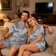 thumbnail image 6 of Satin Matching Pajamas for Couples, Button Down Sleepwear for Women Loose Short Sleeve Nightwear 2 Pieces Casual Wear, 6 of 6
