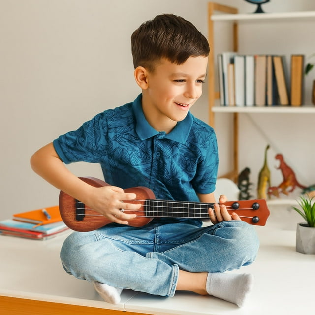HONITANO 1Set Mini Guitar Toy Playable Musical Instrument Plastic Light Brown for Kids Education