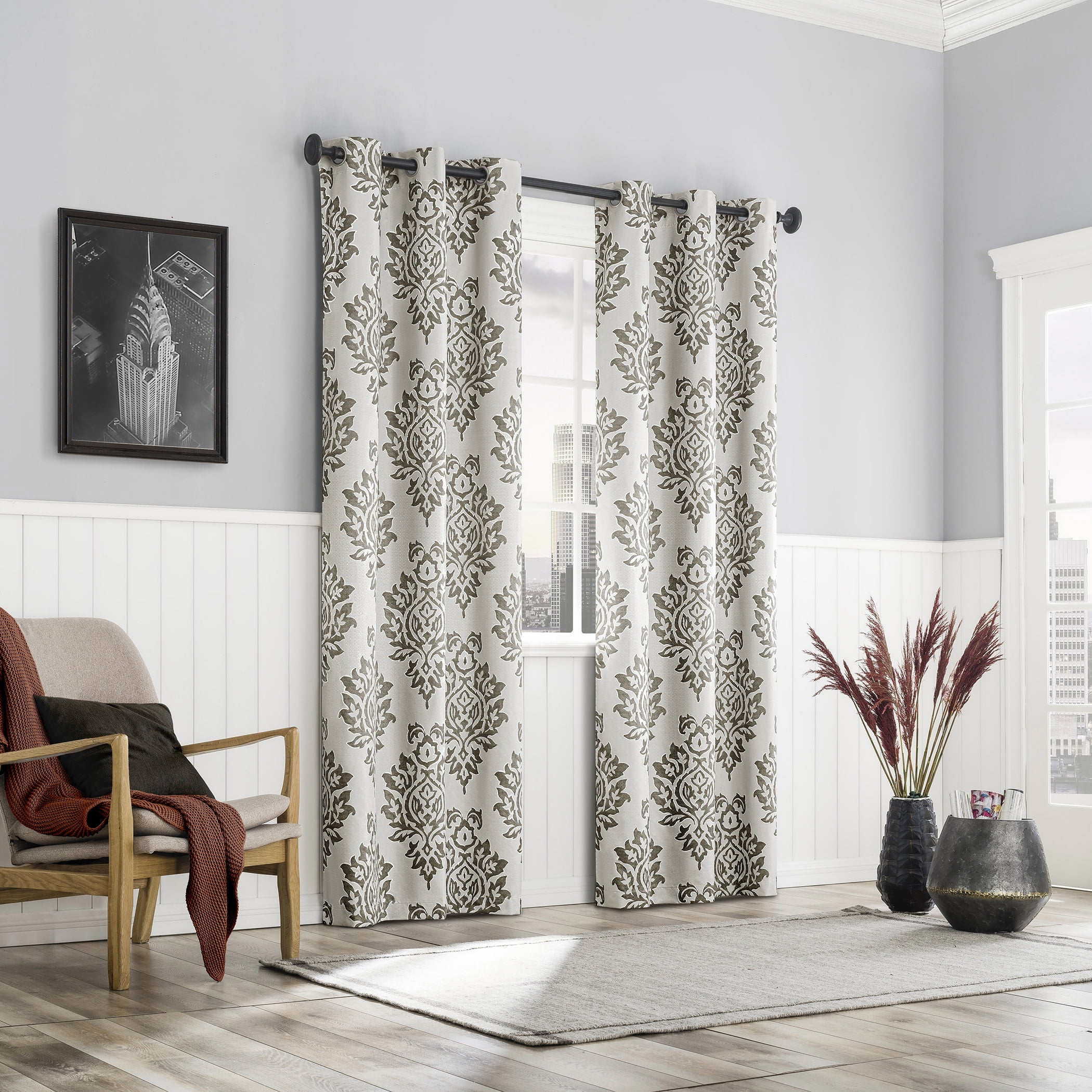 Sun Zero Arlo 2-Piece Textured Thermal Insulated Room Darkening Grommet Curtain Panel Pair, Brown Damask, 40"W x 63"L