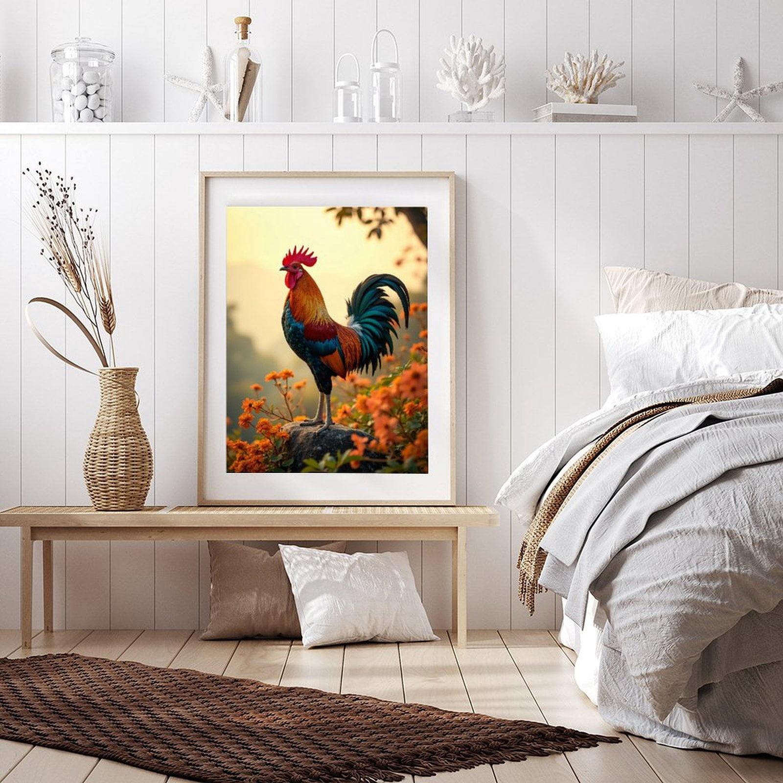 Diamond Art Kit for Adults, Sunrise Rooster On Rock Flowers Diamond Painting for Adults Beginners, 5D DIY Diamond Art Painting Kits, Colorful Diamond Painting Craft for Home Decor 12x16