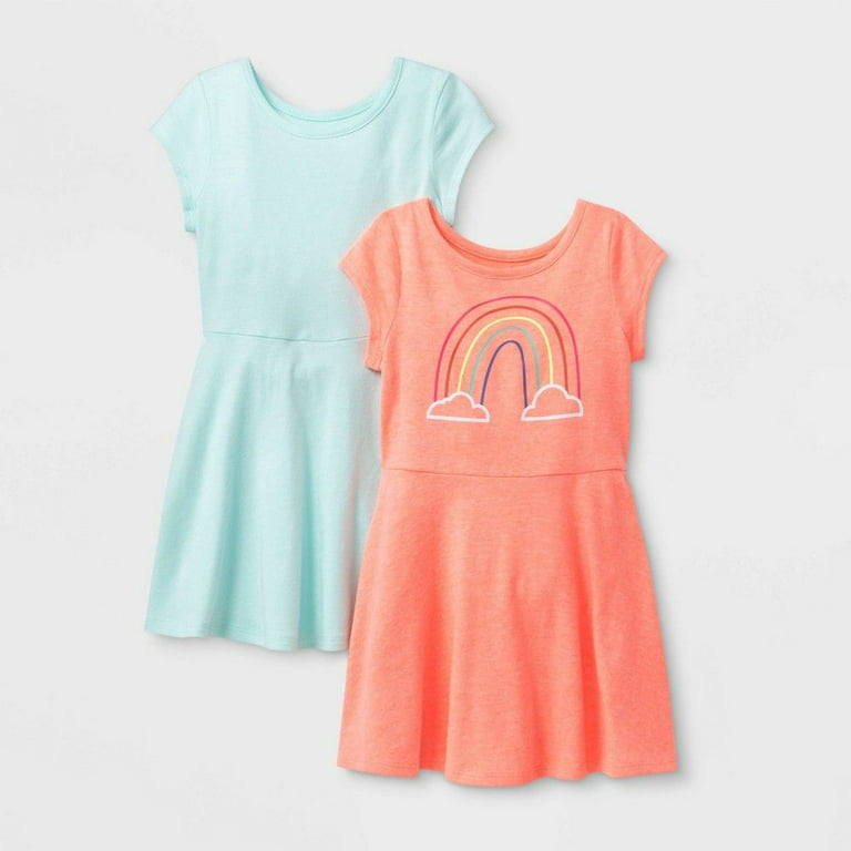 Cat & Jack Toddler Girls' 2-Pack Rainbow and Aqua Dresses, Peach/Aqua, 18M
