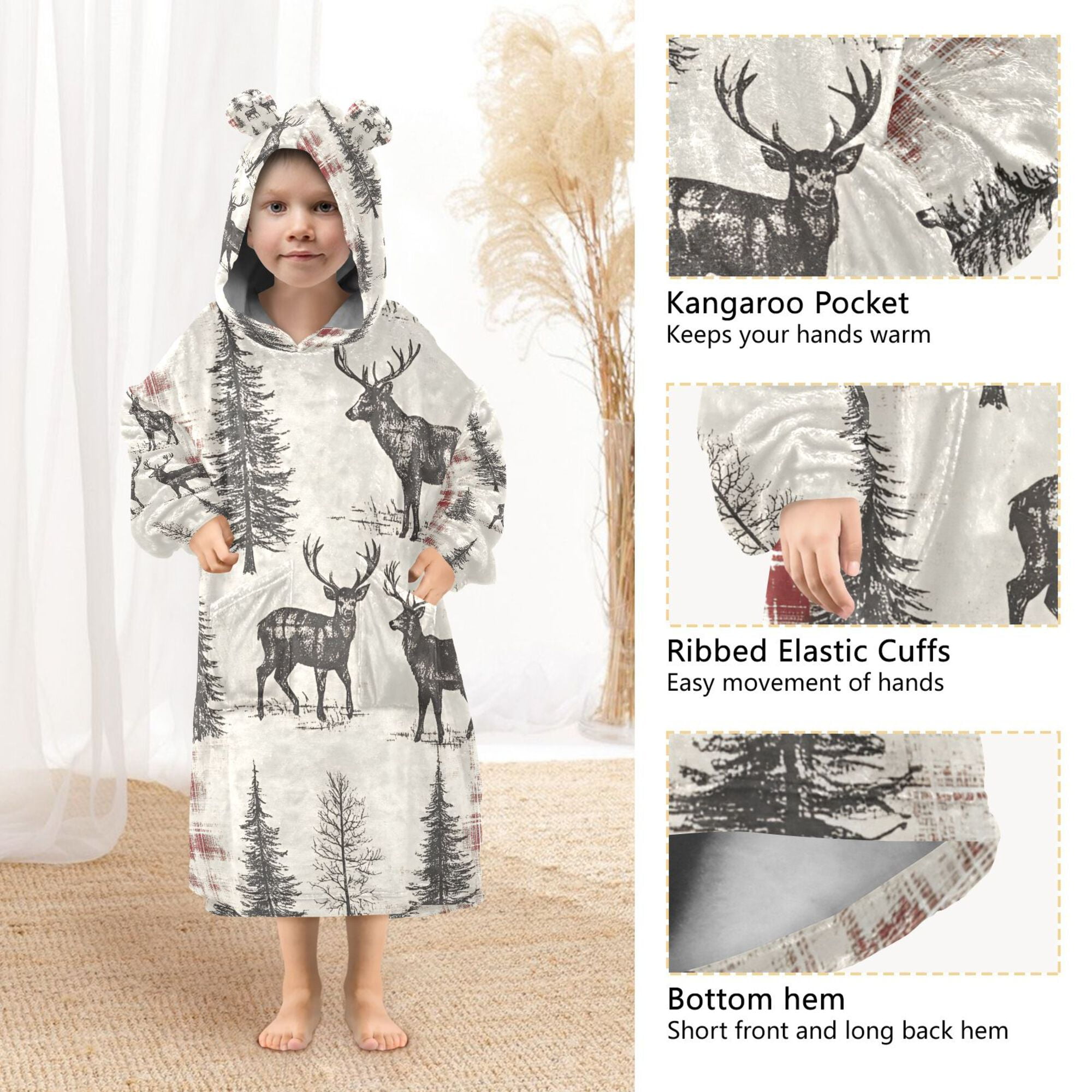 FORMRS Wearable Blanket Hoodie with Sleeves for Kids Cozy Flannel Sweatshirt, Beige Deer
