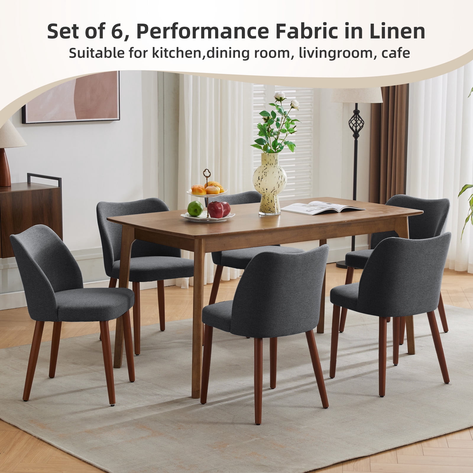OUTGOODS Set of 2 Modern Dining Chairs, Linen Upholstered, Wood Legs