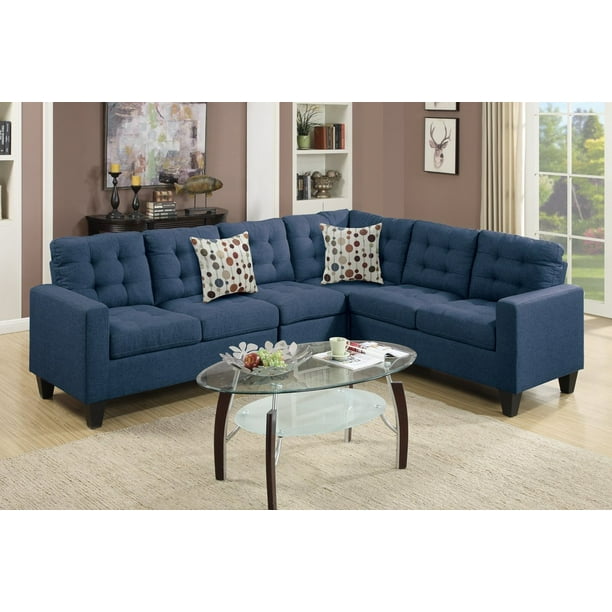 Modern Navy LinenLike Fabric Reversible Sectional Sofa Set with tuft Back and 2 Accent Pillows