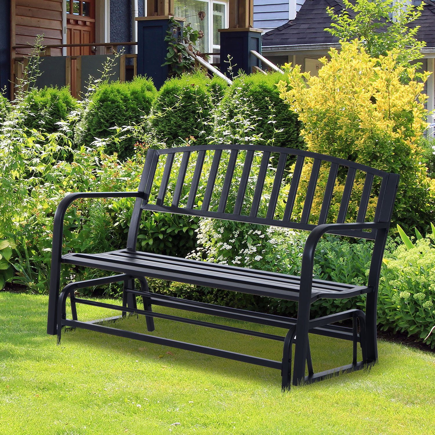 L x W x H Tidyard 2 Persons Patio Glider Bench Outdoor Swing Black Porch Chair Steel Rocking Glider Bench Seating 50 x 26 x 34 