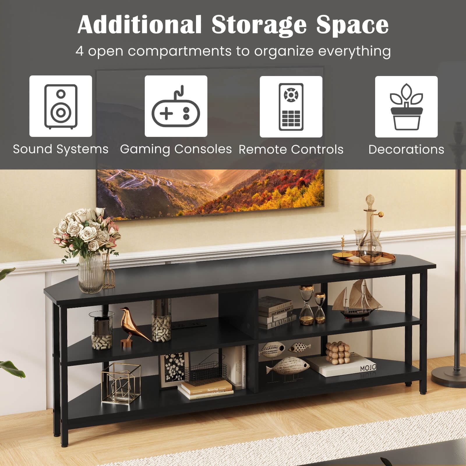 Costway Corner TV Stand for TVs up to 65" TV Console Table with AC Outlets&USB A Ports Black